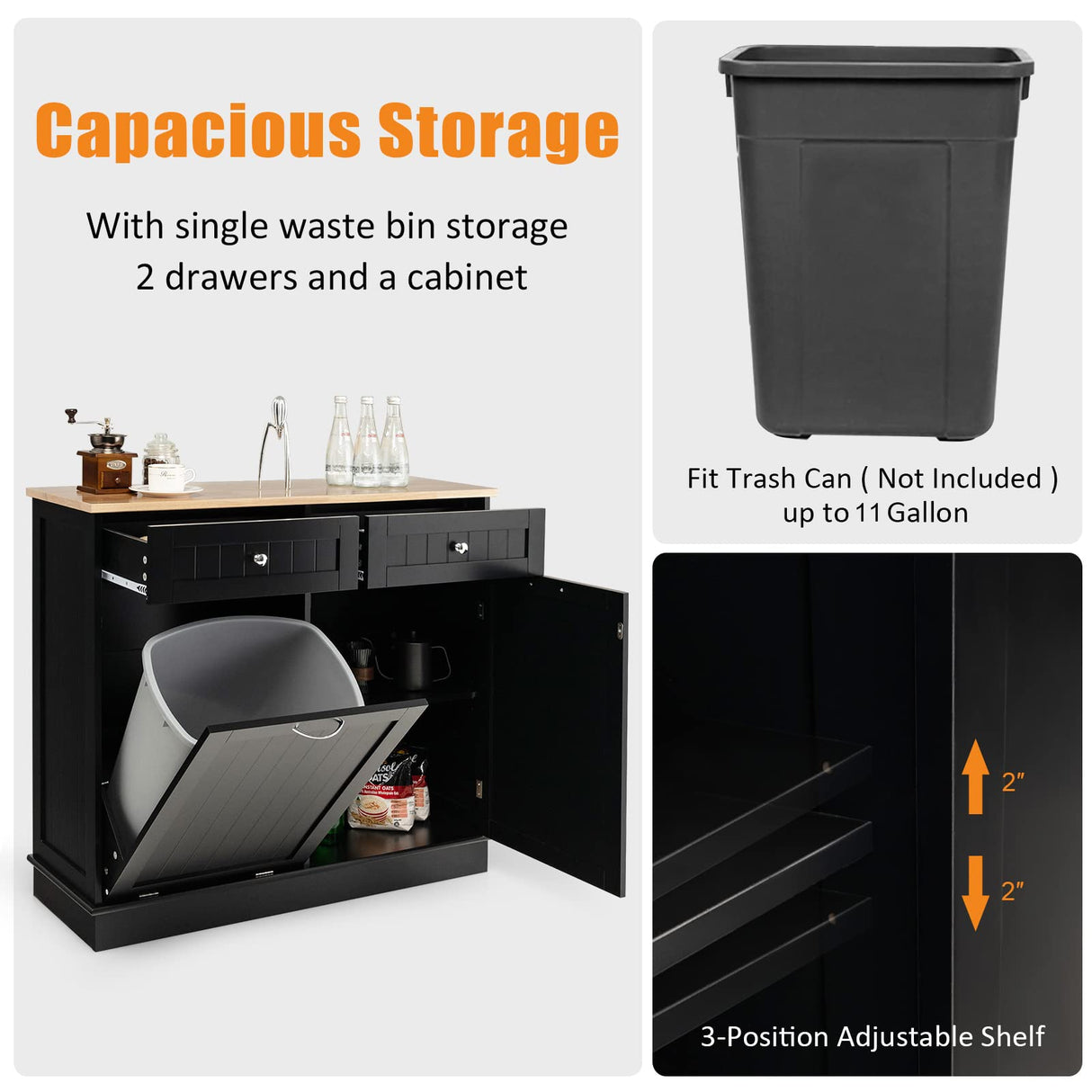 SILKYDRY Tilt-Out Trash Cabinet & Kitchen Island with Adjustable Shelf and Drawers - Black SILKYDRY