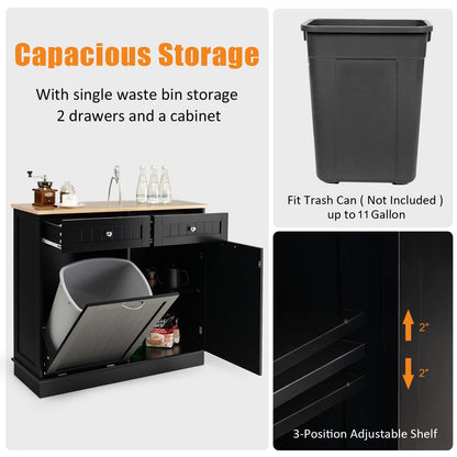 SILKYDRY Tilt-Out Trash Cabinet & Kitchen Island with Adjustable Shelf and Drawers - Black