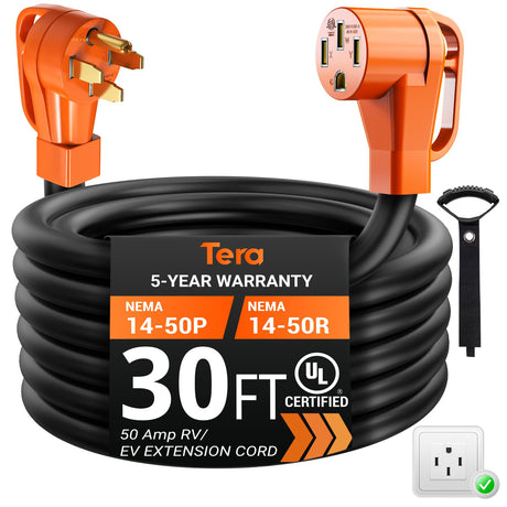 Tera Extension Cord 50 Amp RV & EV 30 FT: NEMA 14-50P to 14-50R UL Listed 4 Prong 250V Heavy Duty with Grip Handle Cord Organizer 6/3+8/1 Gauge STW RV Power Cord for Tesla J1772 Tera