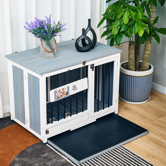 Wooden Dog Crate Furniture - Dog Kennel Pet House End Table, Solid Wood Portable Foldable Indoor Cage for Dogs, No Assembly Needed, 360°Rotatable Dog Bowls (Large:39.4L x 23.5W x 28.3H)