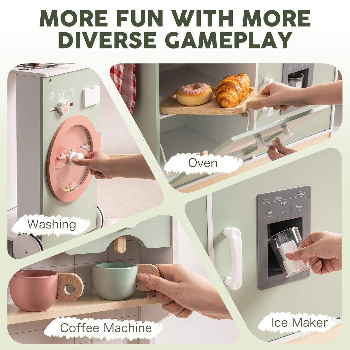 ROBOTIME Wooden Kitchen Playset, Kids Play Kitchen with Ice Maker, BBQ and Dishwasher. Pretend Toddler Kitchen with Lights & Sounds for Ages 3+ ROBOTIME