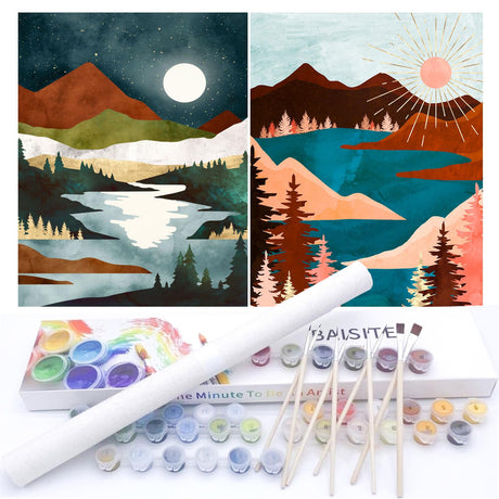 BAISITE Paint by Numbers Kit for Adults Beginners,12" Wx16 L 2 Pack Canvas for Painting Kits for Adults in Colorful Box-Sunrise Lake Mountains 6970 BAISITE