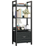 Furologee 4 Tier Bookshelf with Drawer, Small Narrow Bookcase, Wood and Metal Standing Shelf Unit, Industrial Display Storage Shelves Organizer for Bedroom, Living Room, Entryway, Black Furologee
