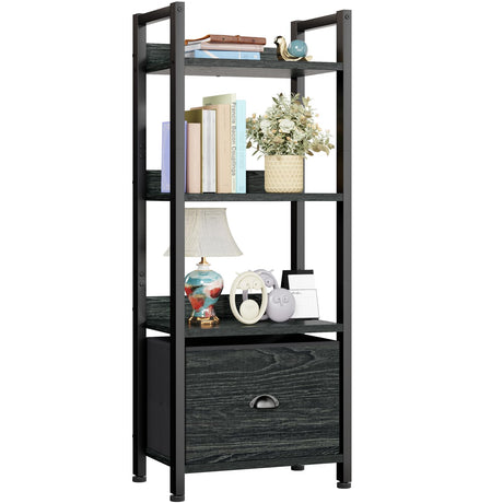 Furologee 4 Tier Bookshelf with Drawer, Small Narrow Bookcase, Wood and Metal Standing Shelf Unit, Industrial Display Storage Shelves Organizer for Bedroom, Living Room, Entryway, Black Furologee