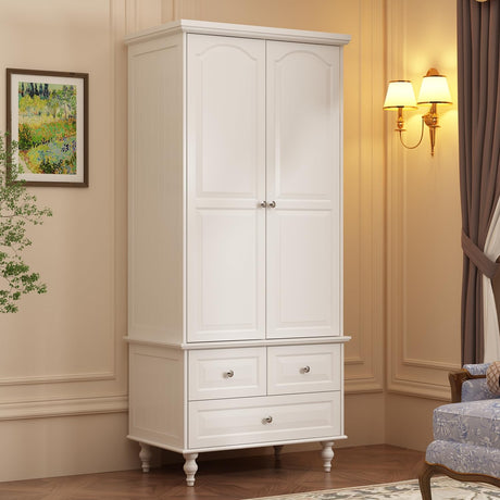FUNISIR Bedroom Wardrobe Cabinet with 2 Doors, Wood Armoire Closet with Hanging Rod, Wardrobe Closet with 3 Drawers & Multi-Shelves for Clothes Organize, White (19.7" D x 31.5" W x 70.9" H) FUNISIR