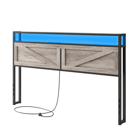 Halitaa Queen Bed Frame Headboard, Platform Bed with Storage & LED Light, Headboard with 2 Outlets USB and Type C Port, Farmhouse Bed, Attach Frame, Easy to Assembly, Wash Grey Halitaa