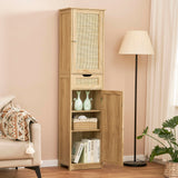 Iwell Tall Bathroom Cabinet with Doors, Rattan Storage Cabinet with Adjustable Shelves, Freestanding Narrow Linen Cabinet for Living Room, Entryway, Kitchen, Home Office, Natural Iwell