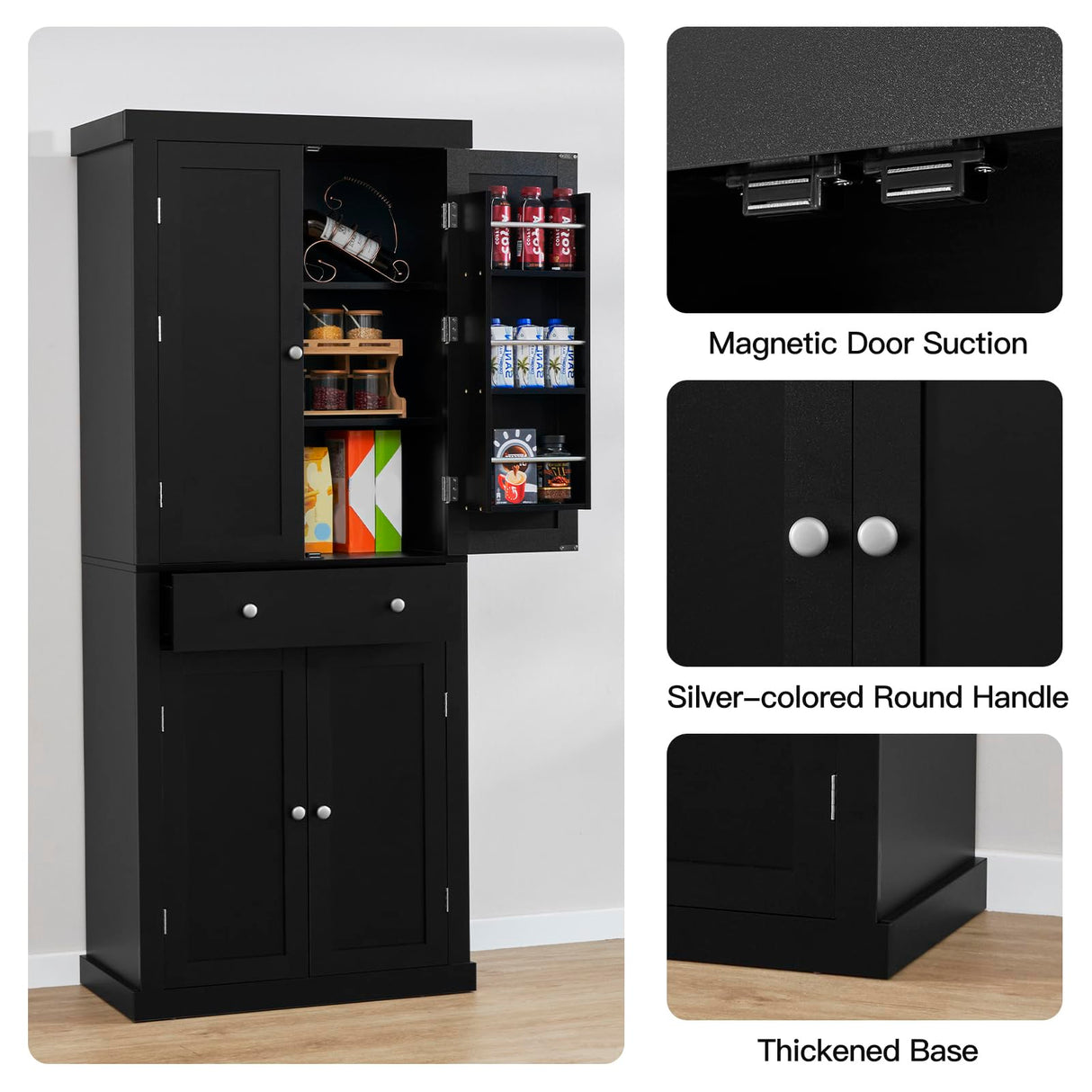 usikey 72” Kitchen Pantry Cabinet, Tall Storage Cabinet with 4 Doors and 1 Drawer, Freestanding Cupboard with 6 Hanging Shelves and Adjustable usikey