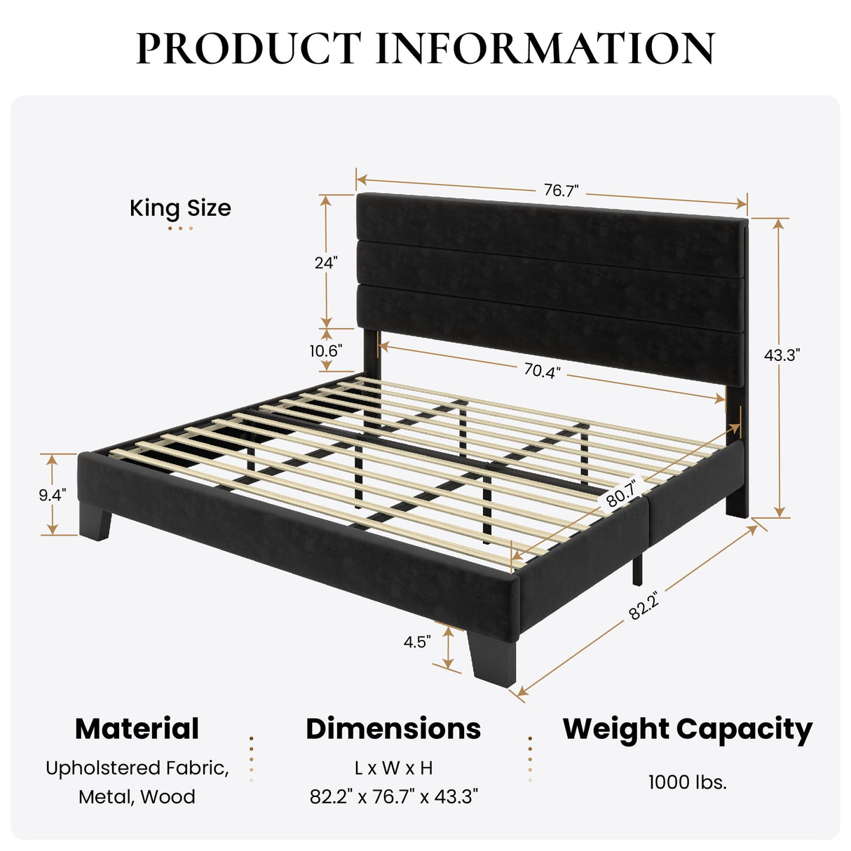SHA CERLIN King Platform Bed Frame with Velvet Upholstered Headboard, Mattress Foundation with Strong Wooden Slats Support, No Box Spring Needed, Black SHA CERLIN