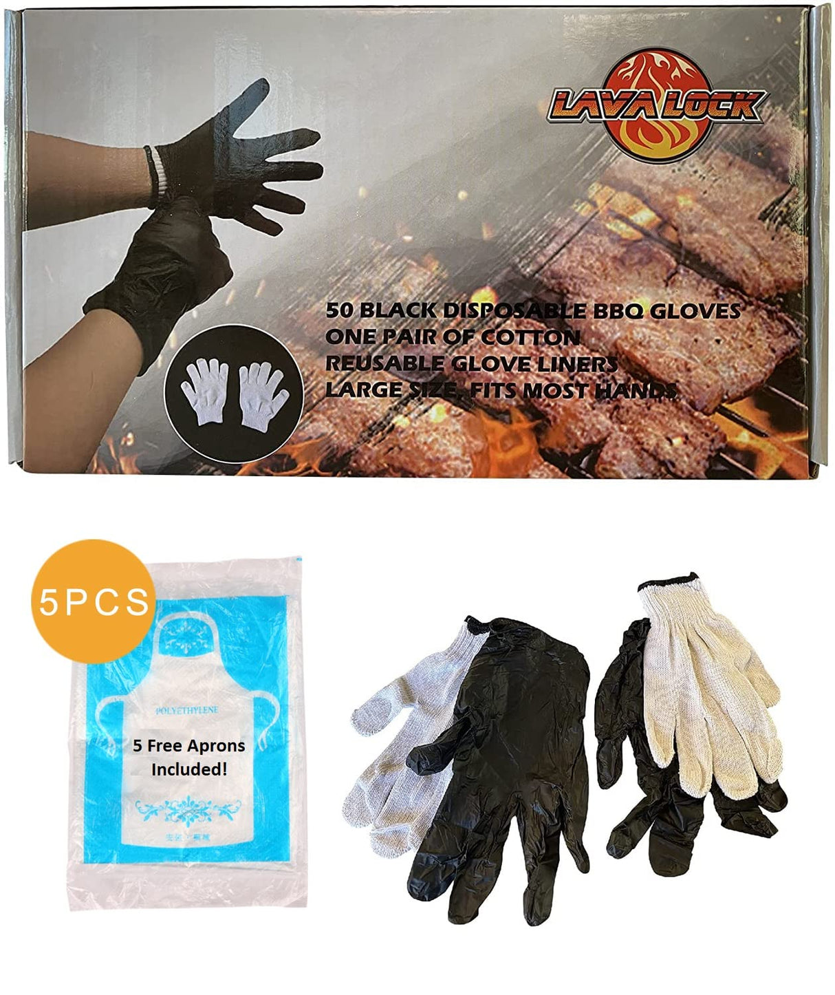 LavaLock Disposable Nitrile BBQ Gloves with Cotton Liners for Outdoor Cooking Grilling Smokers and Barbecue Competition, Chef or Kitchen use (Large 50 Count Black) LavaLock