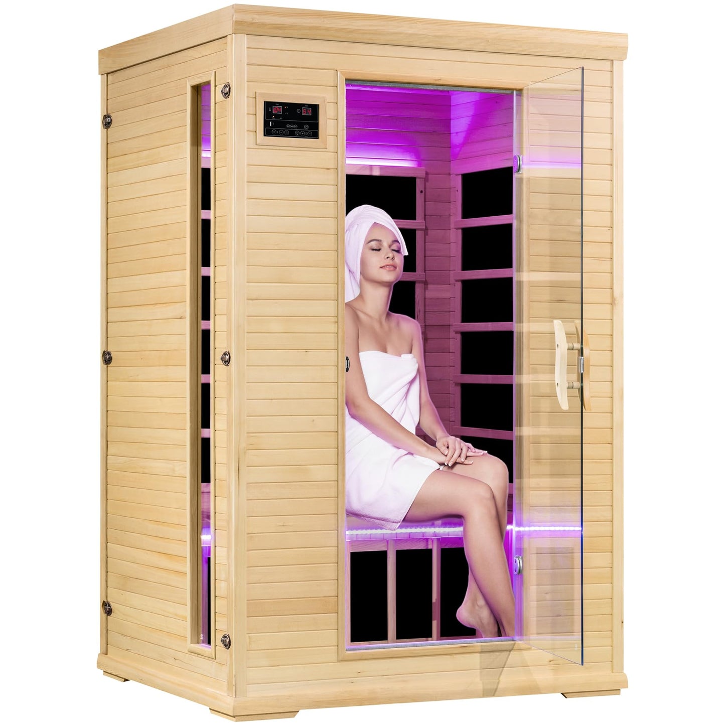 SpaZeit 2 Person Far Infrared Sauna for Home Spa, 1900W Low EMF Wooden Dry Sauna Room with Bluetooth Speakers, LCD Control Panel, Tempered Glass Door, 7 Colors Lighting, 74.76"x48.84"x40.56"