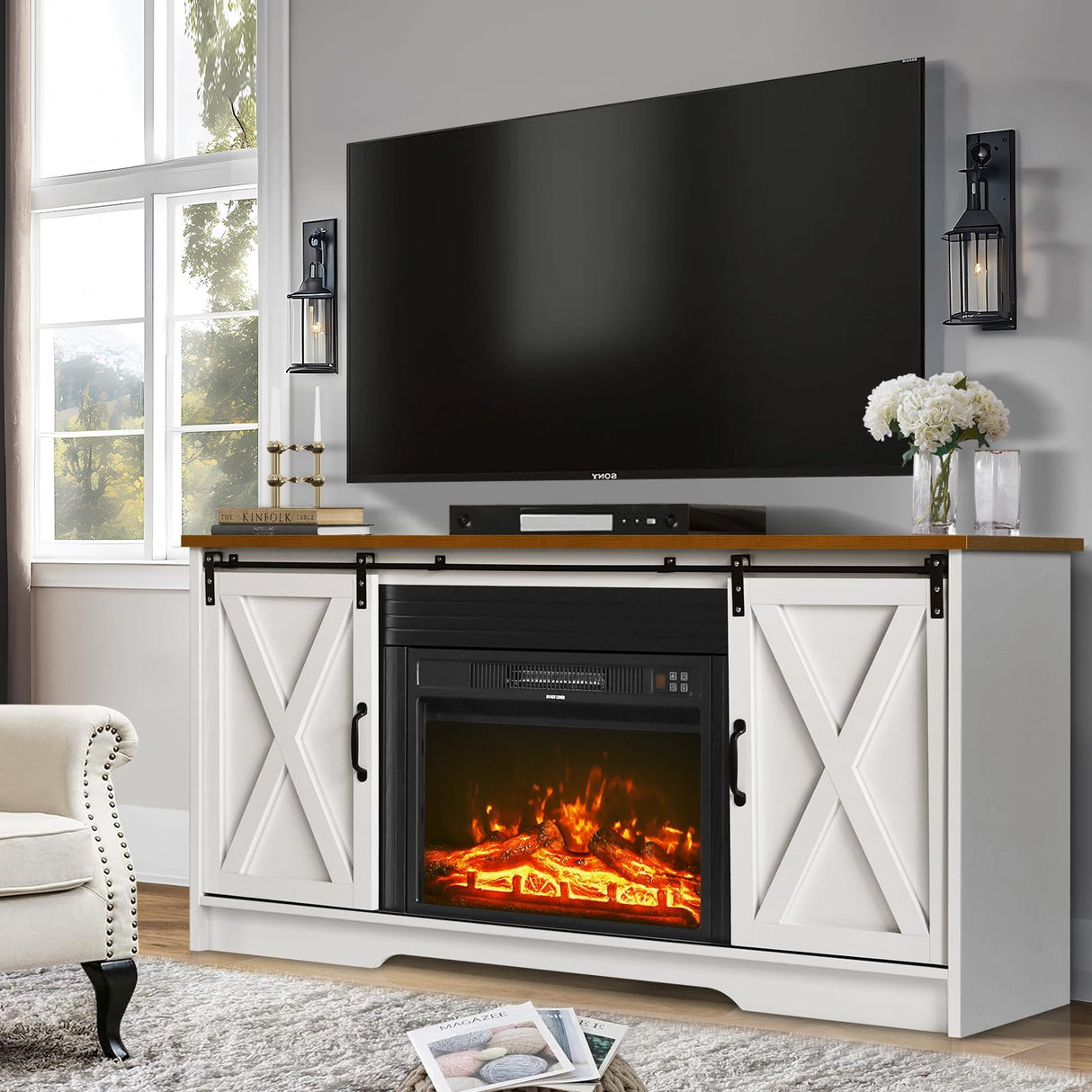 4 EVER WINNER Fireplace TV Stand with 23" Electric Fireplace, Sliding Barn Door, Farmhouse Fireplace Entertainment Center with Adjustable Storage Cabinets, TV Console Table for Living Room, White 4 EVER WINNER