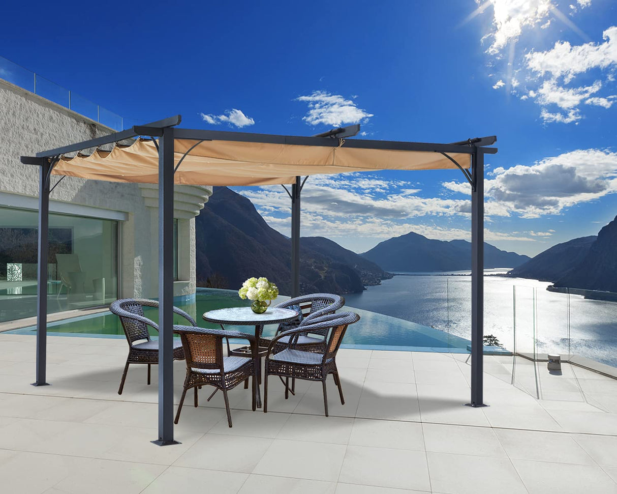 Patio Pergola with Retractable Shade - ABCCANOPY 10x10 Outdoor Retractable Pergola with Sun Shade Aluminum Pergola Shelter for Garden, Deck, Lawn, Porch & Backyard (Khaki) ABCCANOPY