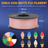 SUNLU 3D Printer Filament Bundle Muticolor, PLA Filament 1.75mm Matte, Neatly Wound Filament, Smooth Matte Finish, 2kg in Total, 0.25kg Spool, 8 Packs, Black+White+Grey+Clay+Green+Pink+Blue+Red SUNLU