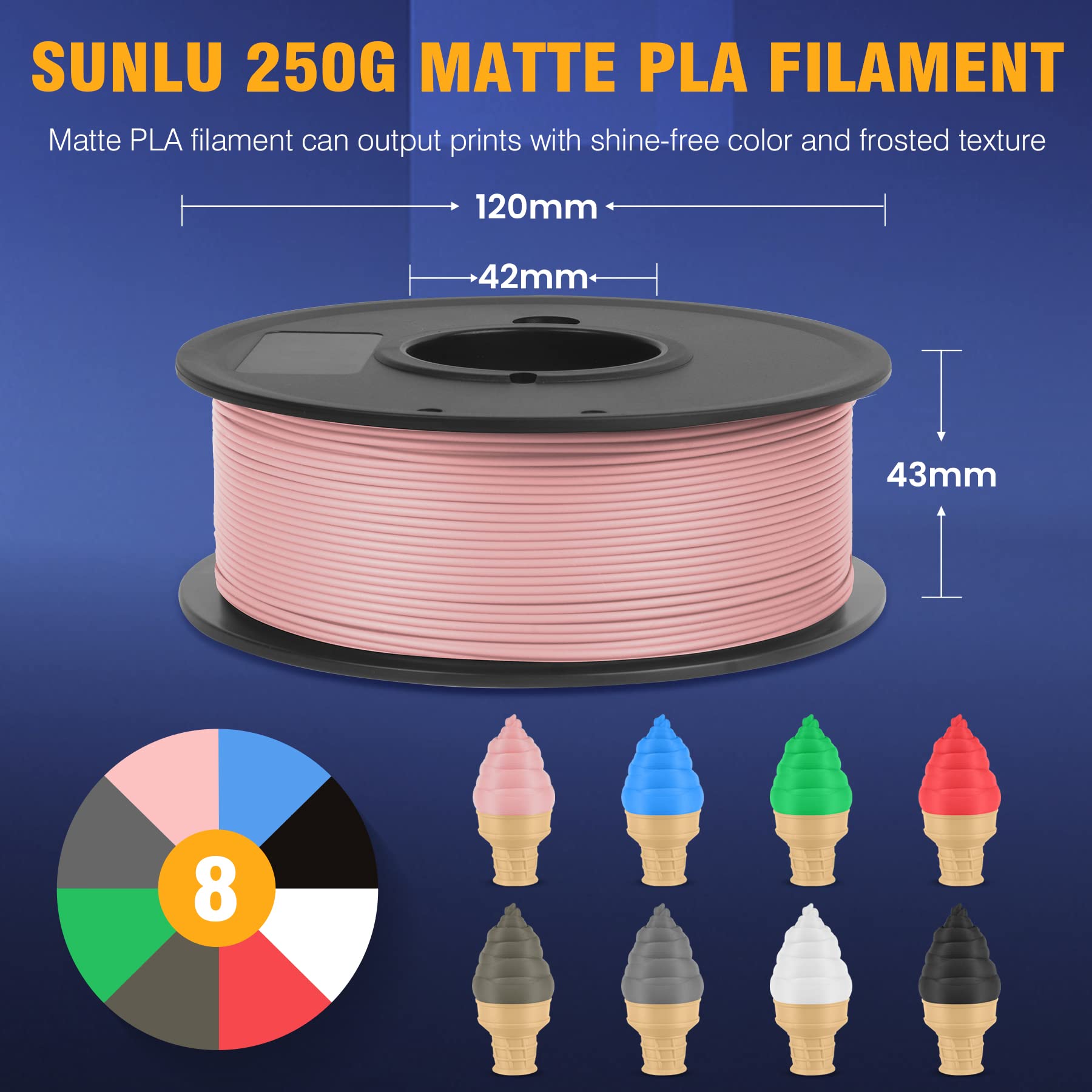 SUNLU 3D Printer Filament Bundle Muticolor, PLA Filament 1.75mm Matte, Neatly Wound Filament, Smooth Matte Finish, 2kg in Total, 0.25kg Spool, 8 Packs, Black+White+Grey+Clay+Green+Pink+Blue+R - WoodArtSupply