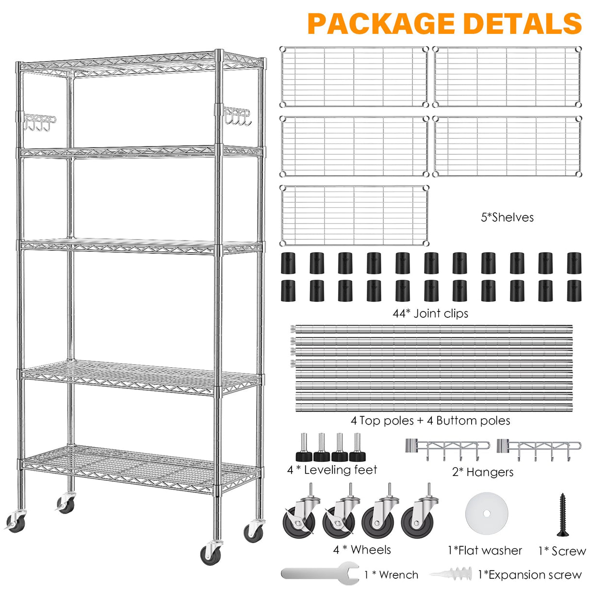 YNN Storage Shelves,1750Lbs 5 Tier Heavy Duty Metal Rolling Shelving Unit with Wheels & 8 Hooks, Adjustable Garage Wire Rack for Kitchen, Bathroom,Industrial,Pantry(36" W x 14" D x 72" H, Chrome) YNN