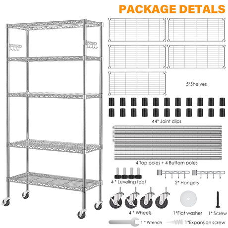 YNN Storage Shelves,1750Lbs 5 Tier Heavy Duty Metal Rolling Shelving Unit with Wheels & 8 Hooks, Adjustable Garage Wire Rack for Kitchen, Bathroom,Industrial,Pantry(36" W x 14" D x 72" H, Chrome) YNN