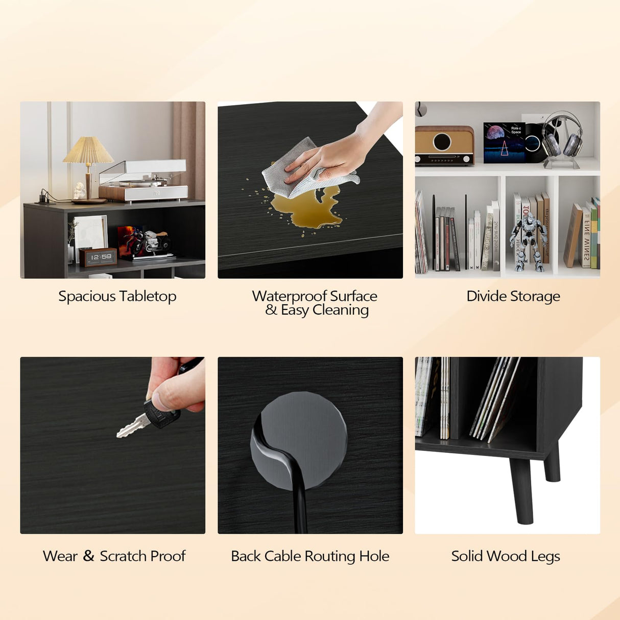 VINGLI Record Player Stand with Open Vinyl Storage, Mid-Century Album Storage Table with LED Light up to 300 Albums, Vinyl Record Player Shelf with Power Outlet for Living Room, Black VINGLI