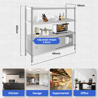 Garvee Stainless Steel Shelves,48x18x60 in Storage Shelf 4-Tier Heavy Duty Adjustable Shelf Unit with Cabinet for Kitchen Garage Office Restaurant Warehouse,330lb Per Shelf