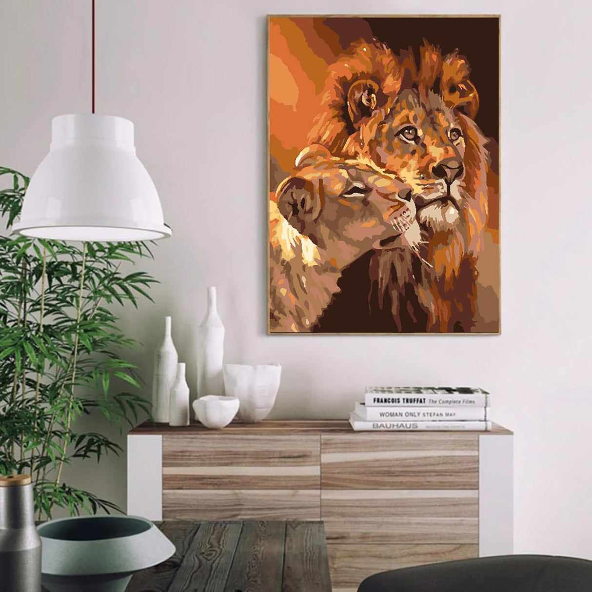 MaiMMaledy Paint by Numbers Kit for Adults Beginners 8Wx12L inch Canvas Pictures with Framed Drawing Painting Works with Wooden Triangle Easel Acrylic Pigment Lion MaiMMaledy