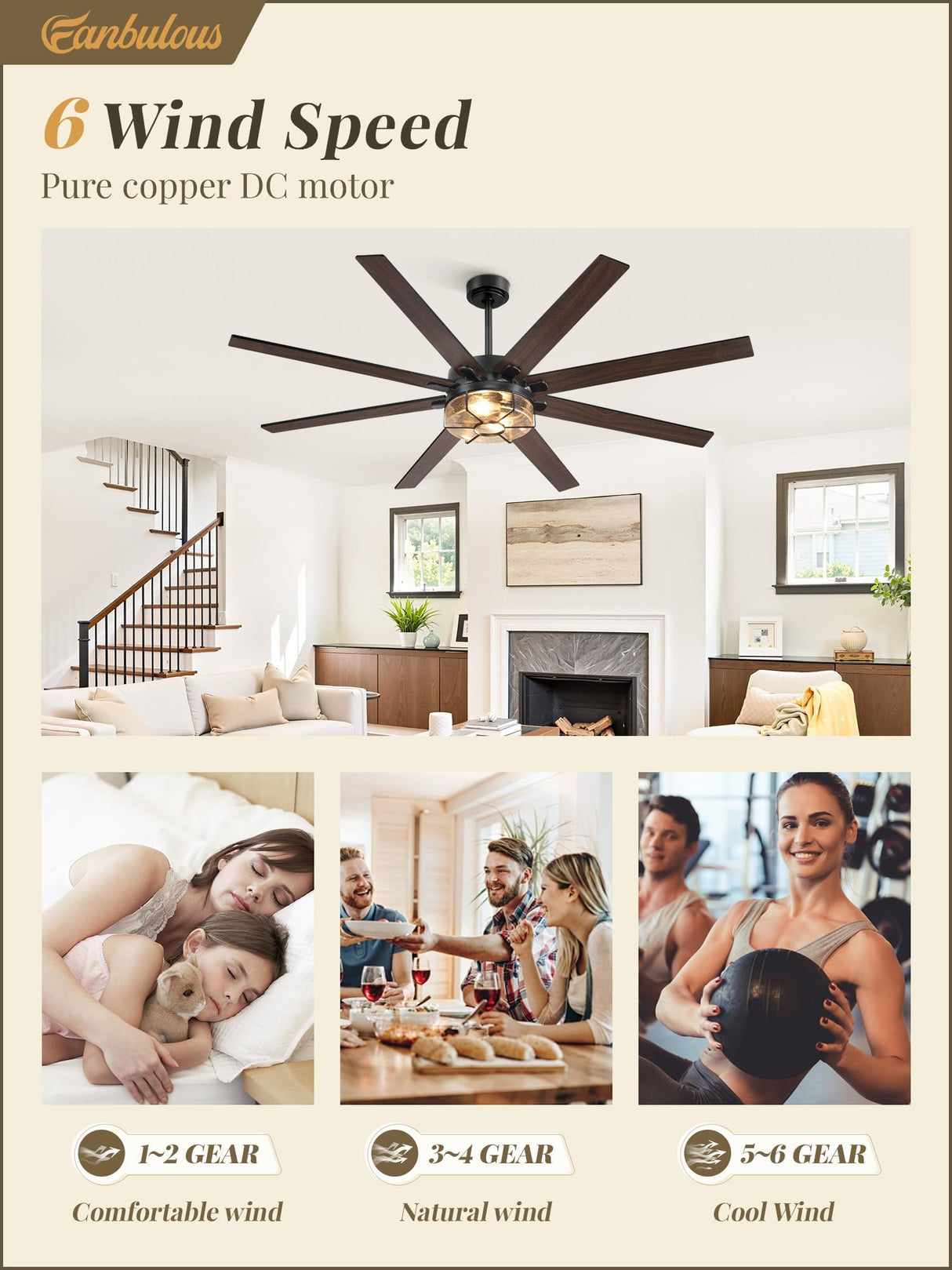 65 Inch Farmhouse Ceiling Fan with Lights & Remote Control, Quiet Reversible DC Motor, Wooden Blades, Seeded Glass Lampshade - Ideal for Bedroom, Living Room, Dining Room Fanbulous