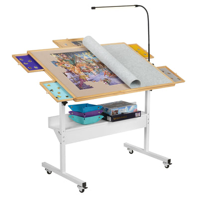 Tektalk Jigsaw Puzzle Table with LED Light, Jigsaw Puzzle Board with Angle & Height Adjustment, Wooden Plateau with Cover, Enclosed with 4 Roller Wheels, for Up to 1500 Pieces