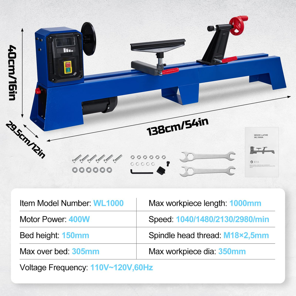 Wood Lathe, 14" x 40" Benchtop Wood Lathe Machine 0.5 HP Infinitely Variable Speed 1040-2980 RPM, Wood Turning Lathe Machine with Wrench & 2 Chisels for Woodworking, Woodturning Garvee