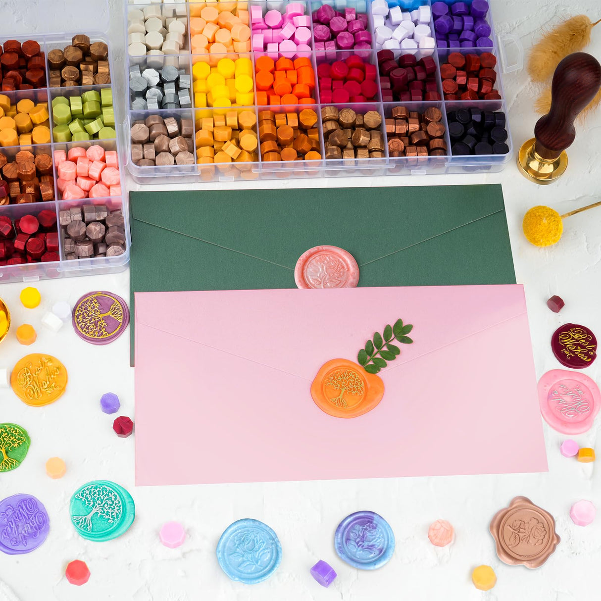 Aottom Wax Seal Kit, 48 Colors 1248 Pcs Sealing Beads with Melting Pot, Spoon, Tea Light Candles, Wax Seal Stamp Kit for Wedding Invitation, Gifts, Envelope, Letter Stamp Sealing and DIY Craft Aottom