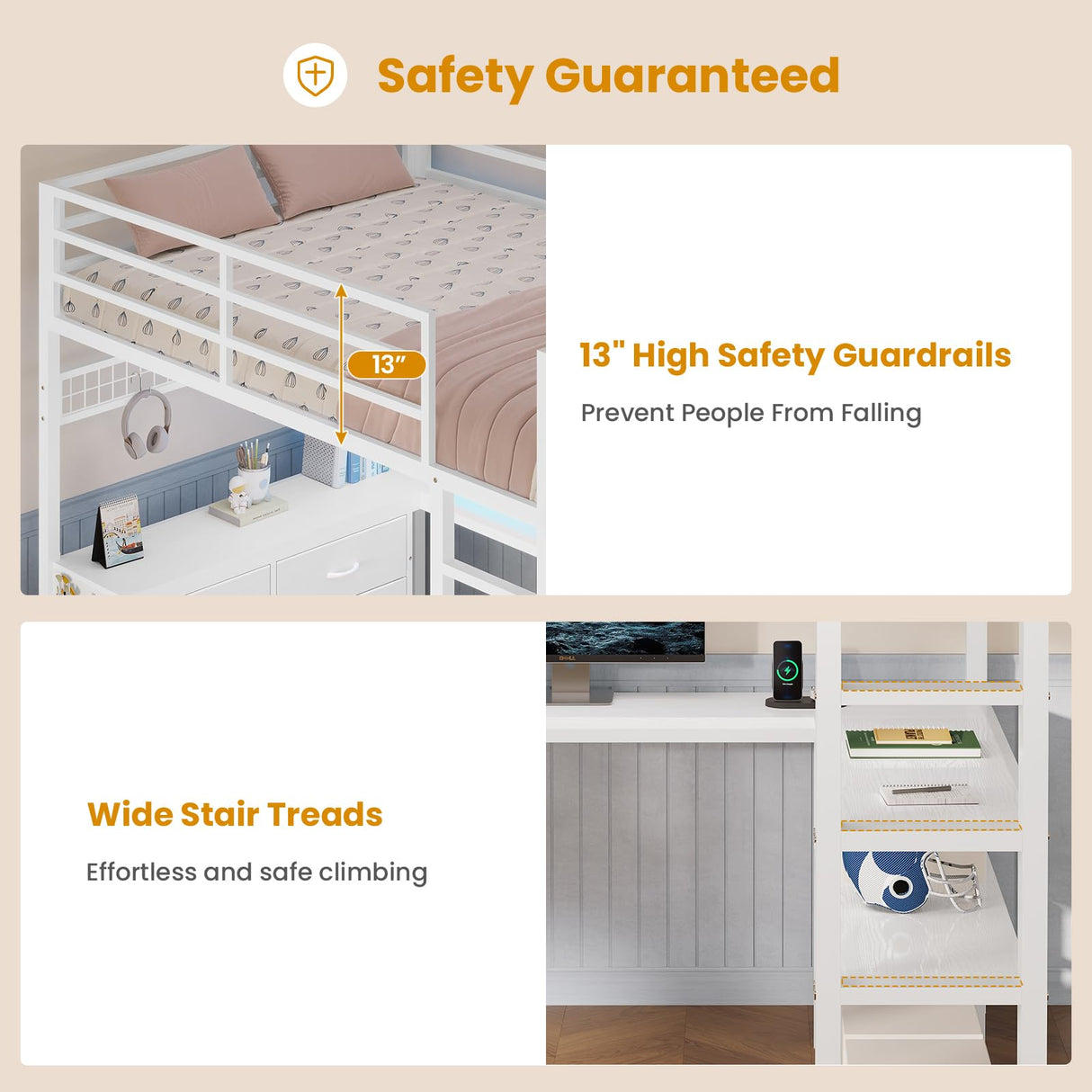 ADORNEVE Loft Bed Full Size with U-Shaped Desk, 6 Storage Drawers, Power Outlet, LED Metal Loft Bed with 2 Storage Shelves, Bed with Safety Guardrail & Ladders,Space-Saving,White ADORNEVE