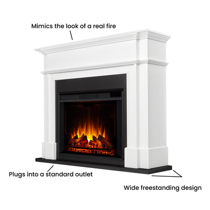 Real Flame Harlan 55” Electric Fireplace with Mantel for Living Room or Bedroom, Replaceable Fireplace Insert Heater, Realistic Log and Flame Effect, Remote Control, Timer, White