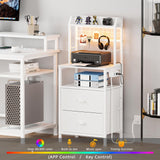 Furologee Tall Nightstand with Charging Station & LED Lights, 41'' Bedside Table with 2 Drawers & Pegboard, White Night Stand with Hooks & Folders, End Table with Shelves for Bedroom/Living Room Furologee