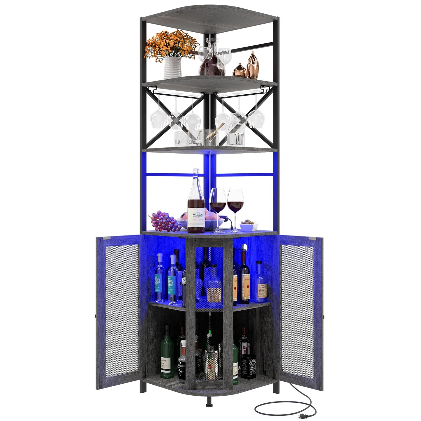 Aufvolr Wine Bar Cabinet with Power Outlet, 6-Tiers Industrial Wine Cabinet with LED Light and Glass Holder, Corner Bar Cabinet with Adjustable Shelf and Mesh Door, Liquor Cabinet Bar for Home