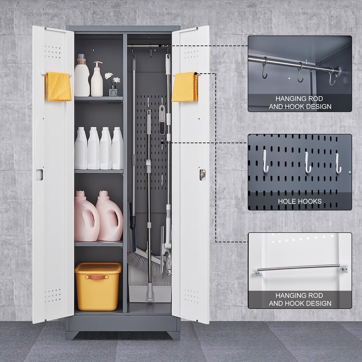 GREATMEET 65" Broom Storage Cabinet, Metal Utility Closet for Brooms and Mops, Cleaning Supply Cabinet with Pegboard, Multifunctional Metal Garage Mop Storage Closet, Grey&White GREATMEET