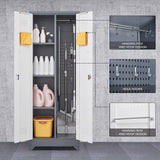 GREATMEET 65" Broom Storage Cabinet, Metal Utility Closet for Brooms and Mops, Cleaning Supply Cabinet with Pegboard, Multifunctional Metal Garage Mop Storage Closet, Grey&White GREATMEET