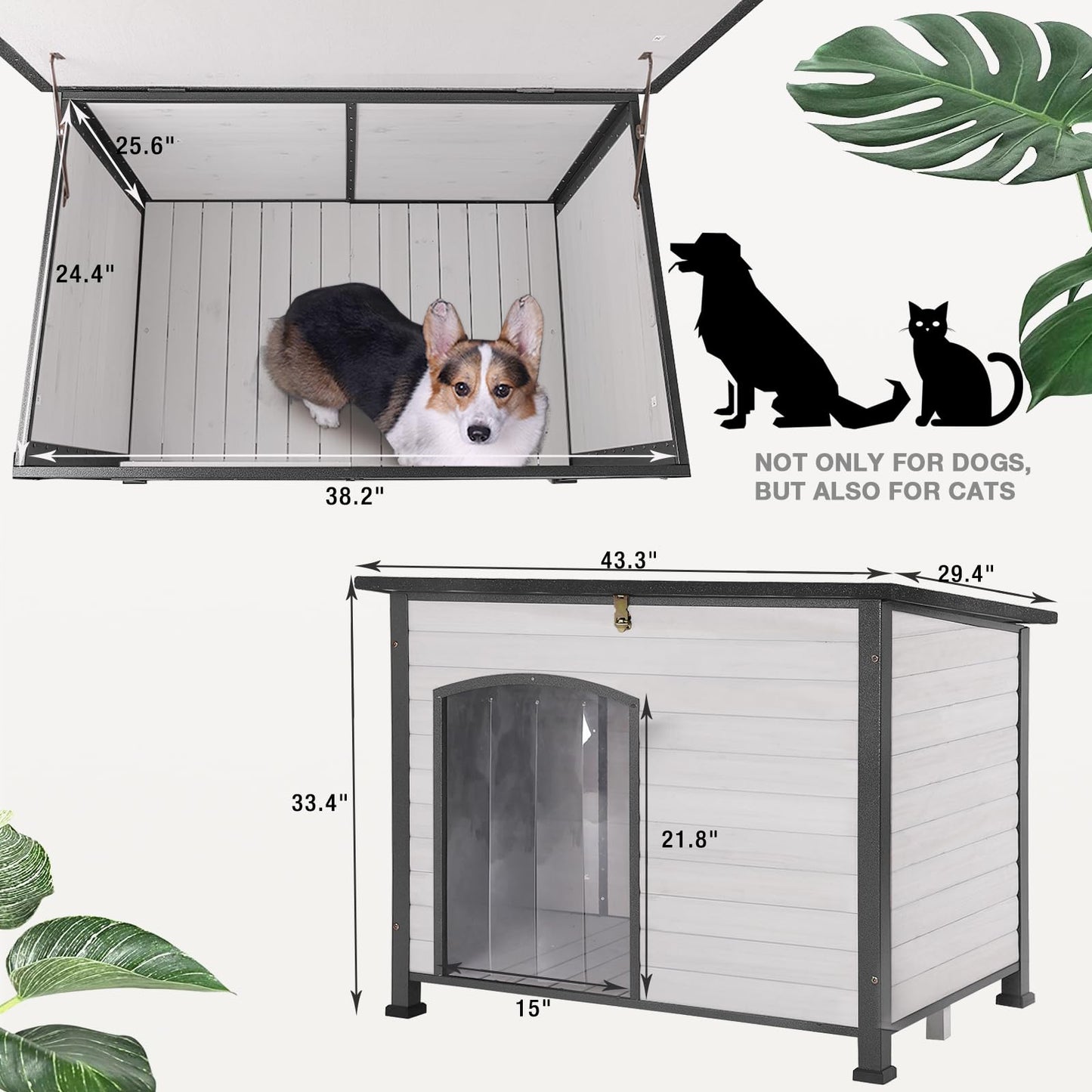 Dog House Outdoor Insulated Dog House for Small Medium Large Dogs, Natural Wood with Iron Frame, Waterproof Roof Raised Feet (43.3" L-White)