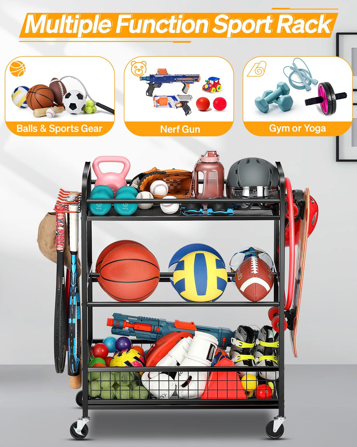 EXTCCT Ball Storage Sports Equipment Organizer - Garage Storage Cart Rolling Ball Storage Rack with Hooks Wheels Outdoor Indoor Gym Gear Toy Holder Bin for Basketball, Baseball, Soccer EXTCCT