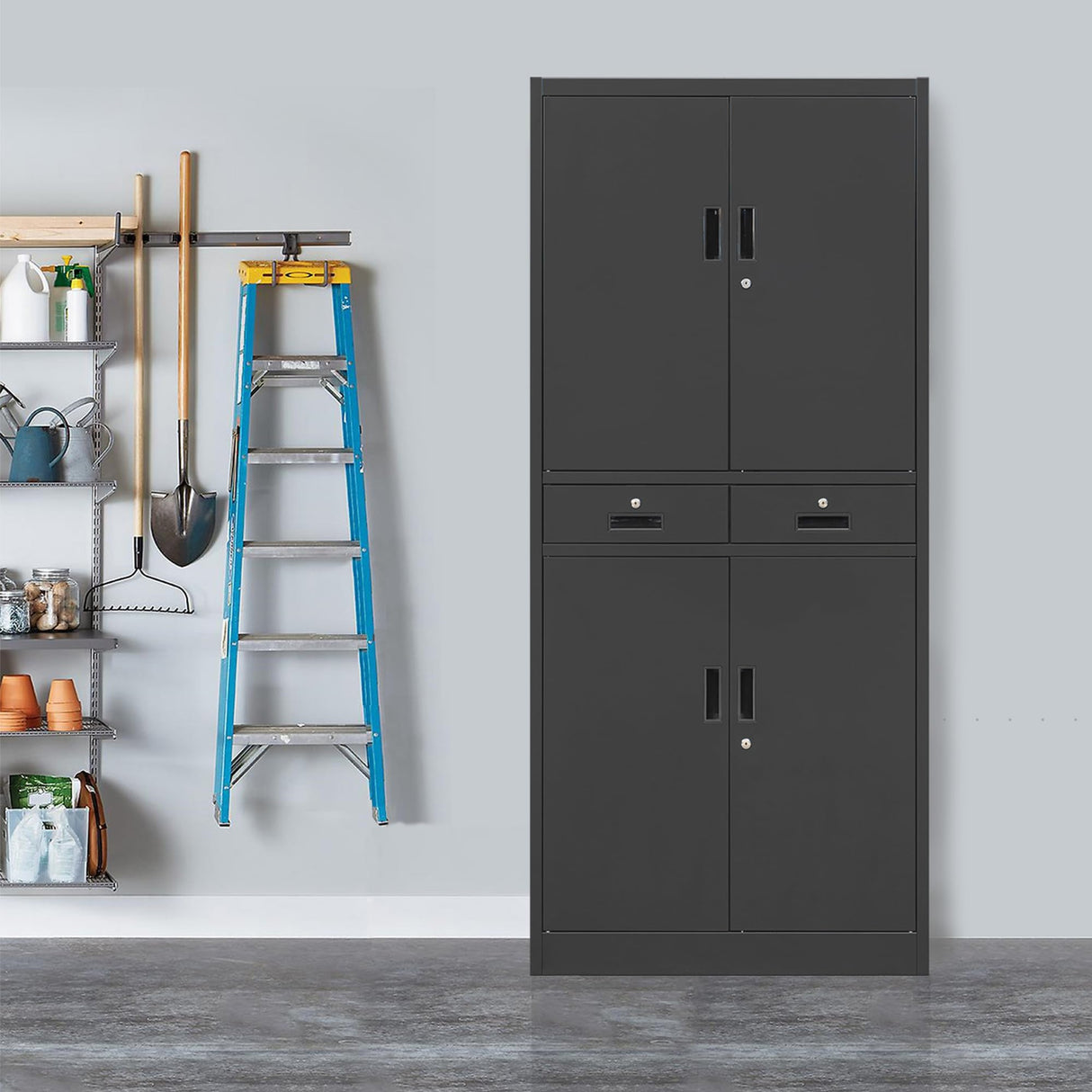 Wanfu Metal Storage Cabinet, 71" Locking Storage Cabinet with Adjustable Shelves and 2 Drawers, Steel Storage Cabinet for Office, Garage, Home, School, Utility Room(Black) Wanfu