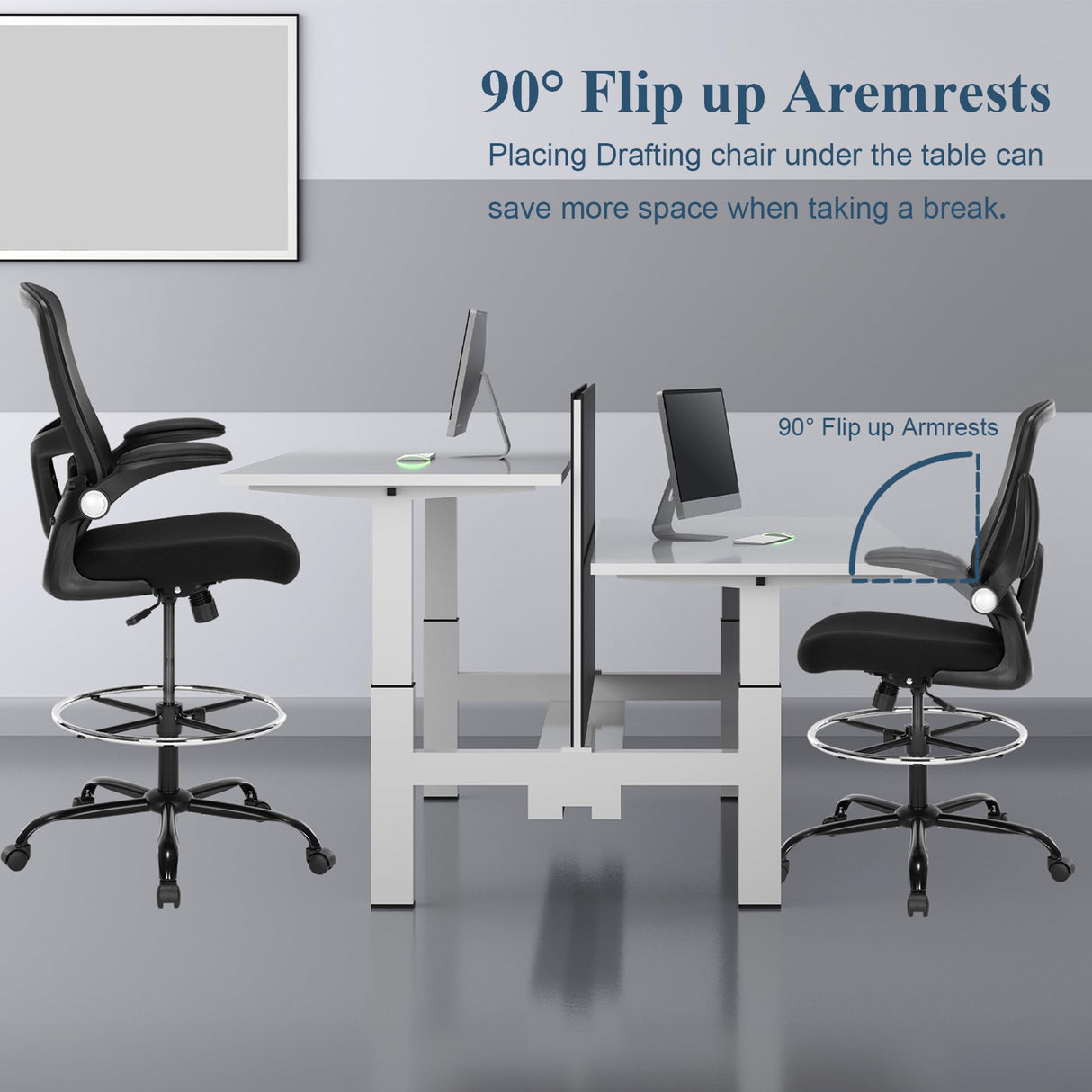 Luckyear Drafting Chair,Ergonomic Tall Office Chairs,Standing Desk Chair with Adjuatable Height,Breathable Mesh High Chair with Foot Rest,Stool Chair with Flip up Arms,Counter Height Chairs,Black Luckyear