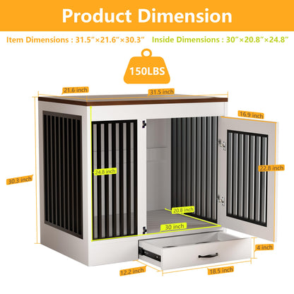 yookare White Heavy Duty Furniture Dog Crate, Wood and Metal Cage Kennel, Double Doors End Table with Drawer and Pull-Out Trays, Dog Home for Indoor use, Medium Size