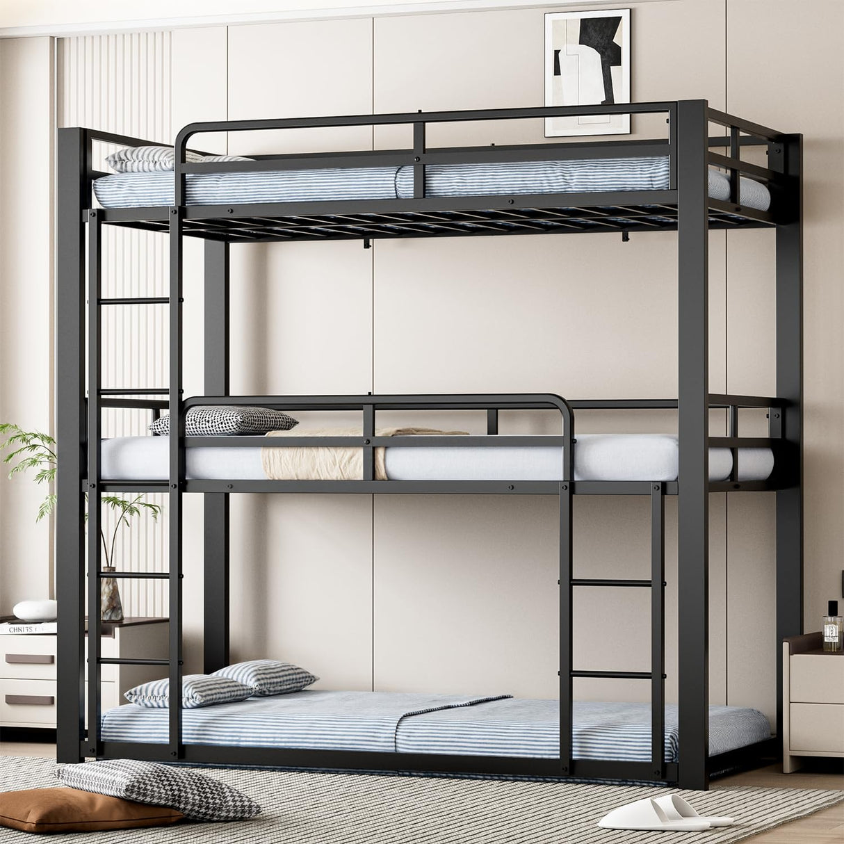 Mixcous Metal Triple Bunk Bed, Twin Over Twin Over Twin Heavy Duty Bunkbeds, Full-Length Guardrail Family-Friendly for All Ages, Bedroom, No Box Spring Needed, Easy Assembly, Black Mixcous