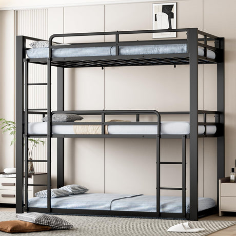 Mixcous Metal Triple Bunk Bed, Twin Over Twin Over Twin Heavy Duty Bunkbeds, Full-Length Guardrail Family-Friendly for All Ages, Bedroom, No Box Spring Needed, Easy Assembly, Black Mixcous