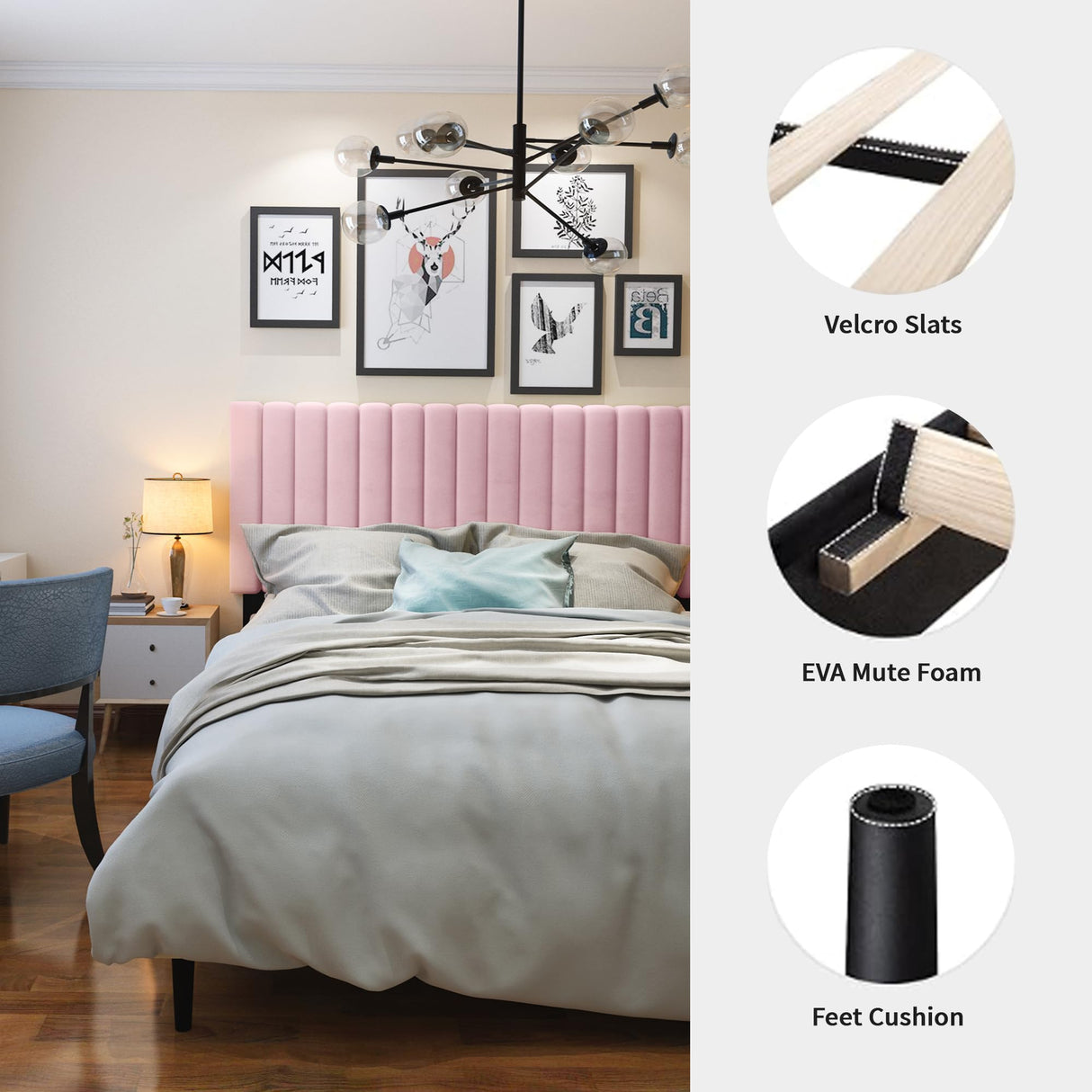 OLALITA Queen Size Bed Frame with Velvet Upholstered Headboard, Sturdy Platform Bed Frame Queen Size, No Box Spring Needed, Easy Assembly (Pink, Queen) OLALITA