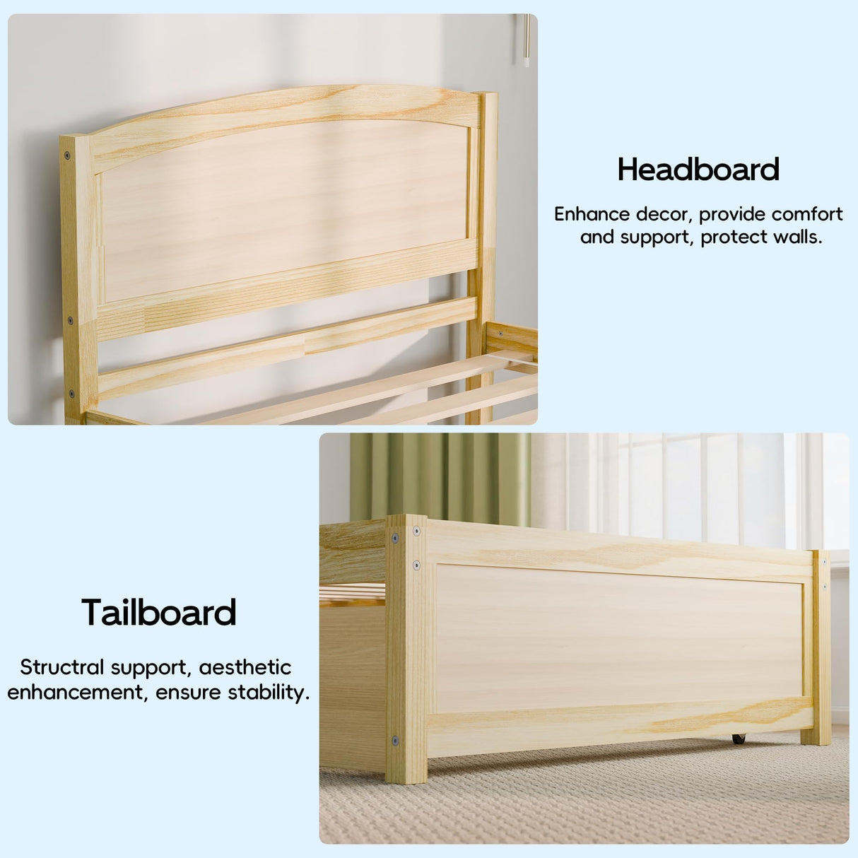 TOLEAD Daybed with Trundle, Twin Size Pull Out Bed, Solid Wood Extendable Day Bed with Trundle, Include Slat Support (Natural, Trundle) TOLEAD