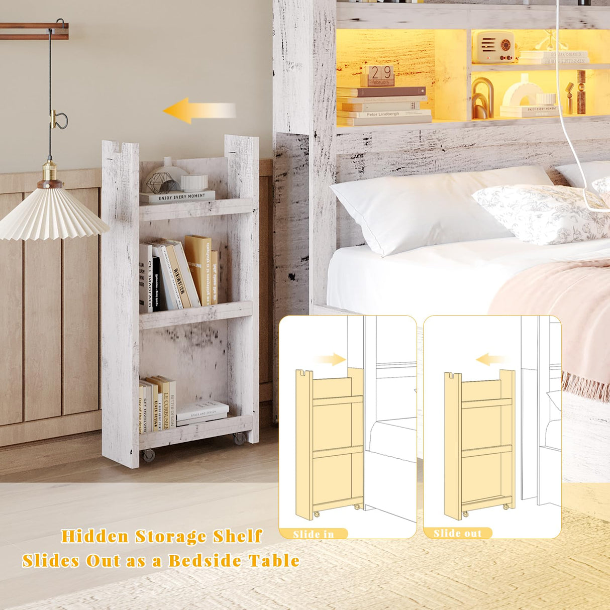 LUXOAK Distressed White King Bed Frame with Bookcase Headboard, RGB LED & Charging Station LUXOAK