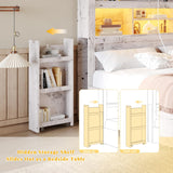 LUXOAK King Bed Frame with 49.6" Bookcase Headboard & 2 Bedside Stoage Racks & 4 Drawers, Farmhouse Wood Bed Frame with RGB LED & Charging Station, No Box Spring Needed, Distressed White LUXOAK