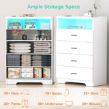 FJTJBSI Dresser with Power Outlets and LED Lights Wooden 4 Drawer Dresser with Large Organizer Tall White Dresser for Bedroom Chest of Drawers Closet Modern Dresser for Living Room Kids Room FJTJBSI