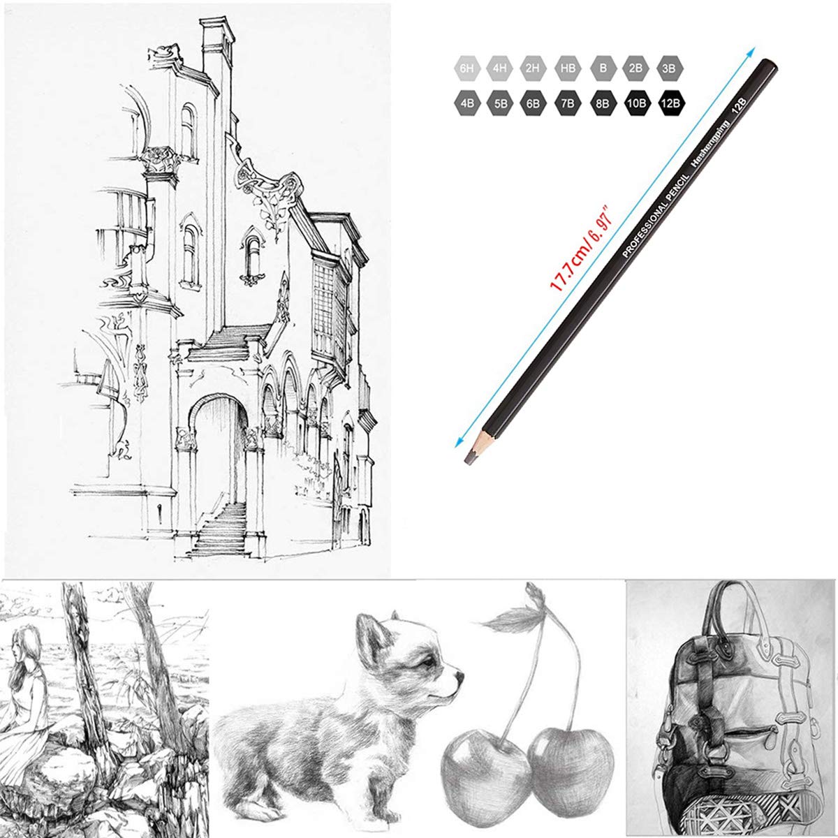 Heshengping Drawing Sketch Pencil Set 14pcs Sketching Pencils 12B 10B 8B 7B 6B 5B 4B 3B 2B B HB 2H 4H 6H Graphite Pencils for Kid Adults Artists Student Beginners Professional Heshengping