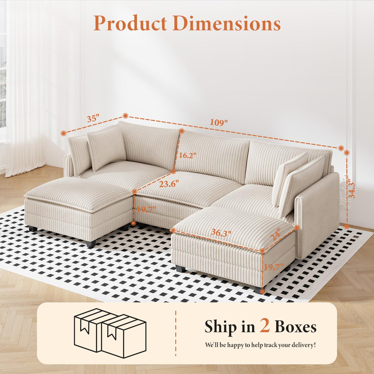 Vesgantti 109" U Shaped Cloud Sectional Sofa, Comfy Corduroy Upholstered Sectional Modular Sofas for Living Room, Modern Modular Couch with 2 Ottoman Deep Seat, Beige Vesgantti