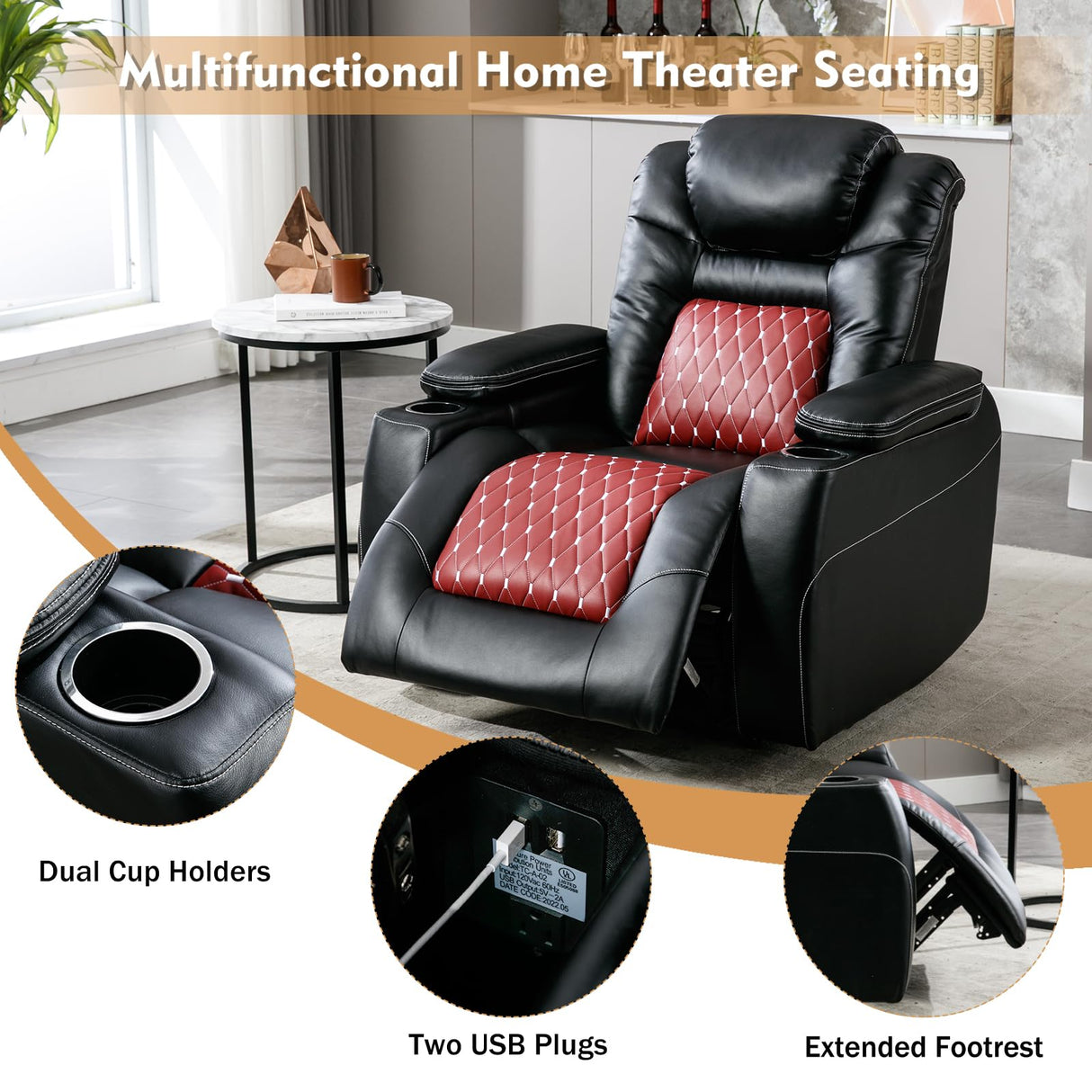 ANJ Electric Power Recliner Chair with Adjustable Powered Headrest, Faux Leather Home Theater Seating Overstuffed Reclining Furniture with USB Ports, Cup Holders, Hidden Arm Storage (Black/Red) ANJ