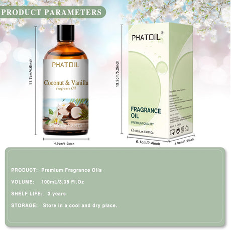 PHATOIL 3.38FL.OZ Coconut & Vanilla Fragrance Oils for Aromatherapy, Essential Oils for Diffusers for Home, Perfect for Diffuser, Yoga, DIY Candle and Soap Making - 100ml PHATOIL